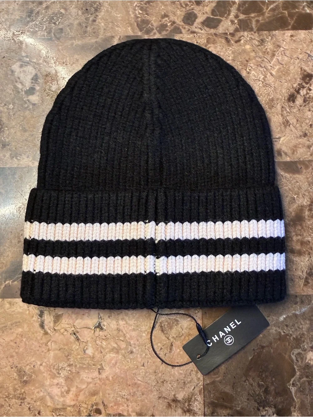 Script Spell Out Logo Black, white and Very Light Pink Stripe  Beanie Hat Cap
